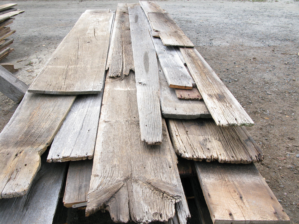 Reclaimed Grey Veneer Barn Board. 5/8-3/4" thick. 6'-22' widths. 12-14' lengths. SKU 1098